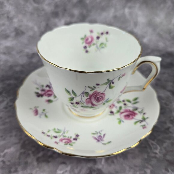 Crown Staffordshire Cup & Saucer Fine Bone China Pink Rose Floral Gold Accents - Picture 2 of 16